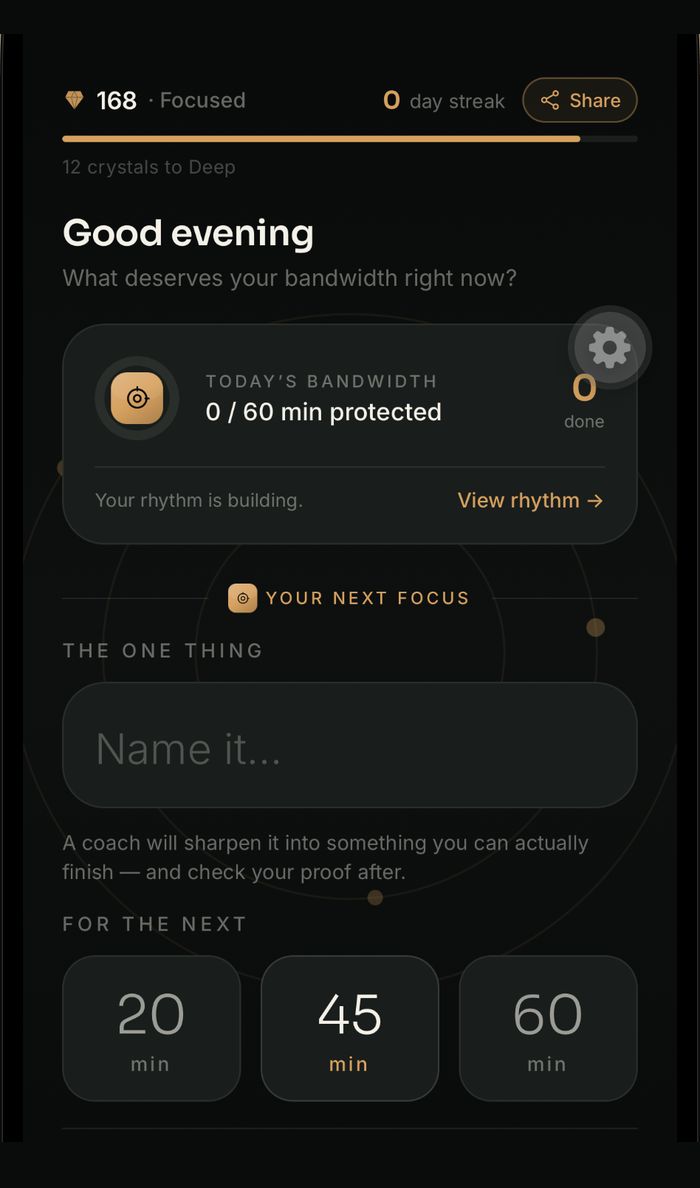 Bandwidth Focus home screen: today's protected minutes, a field to name one task, and 20, 45 and 60 minute options.