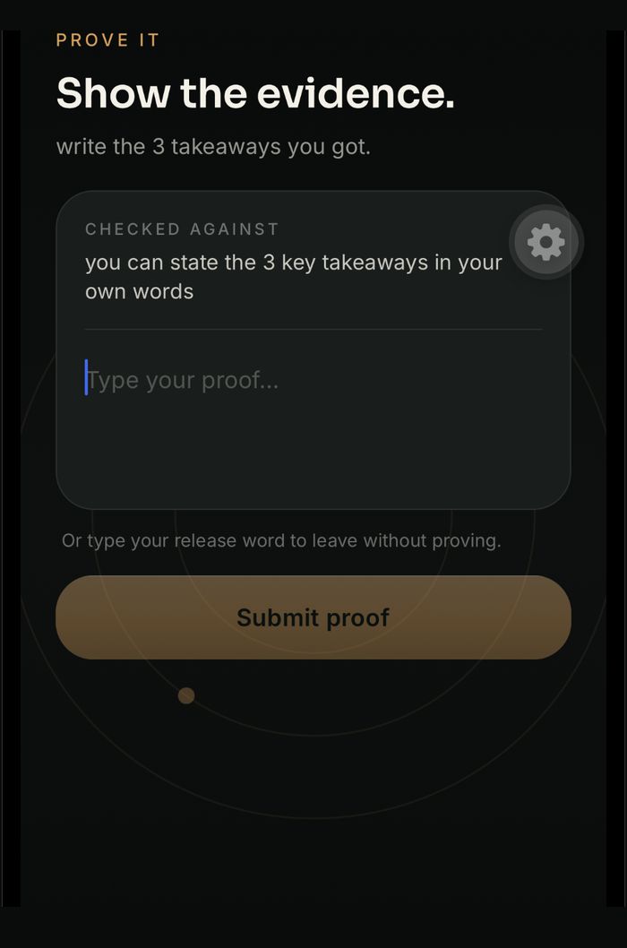 The prove screen, where evidence is checked against what you committed to.