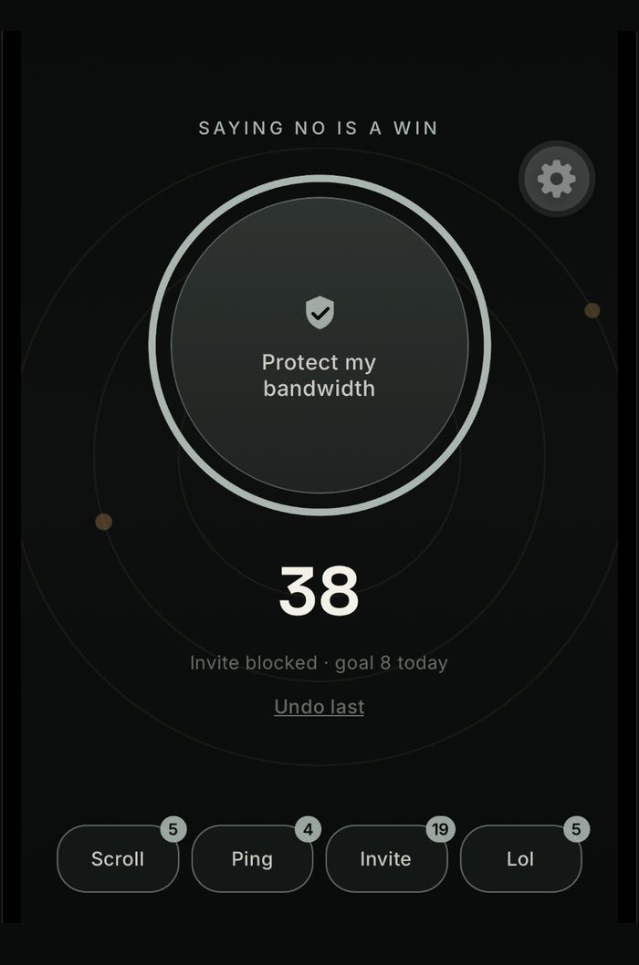 The Shield screen showing 38 distractions turned down against a daily goal.