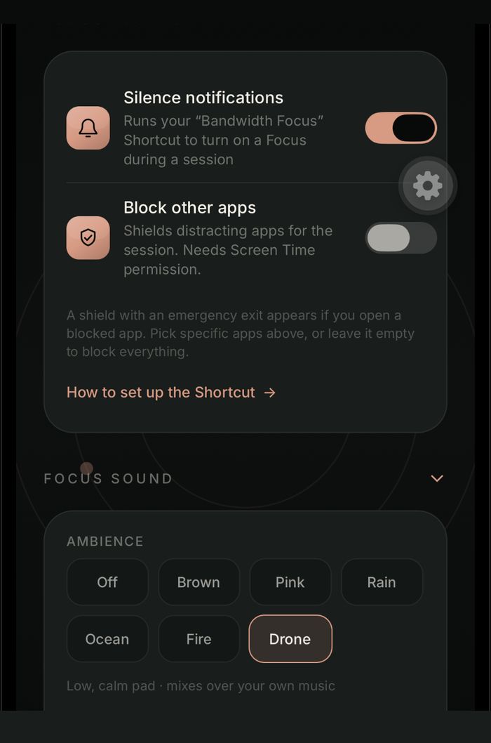 Session settings: silence notifications, block other apps with Screen Time, pick a focus sound.